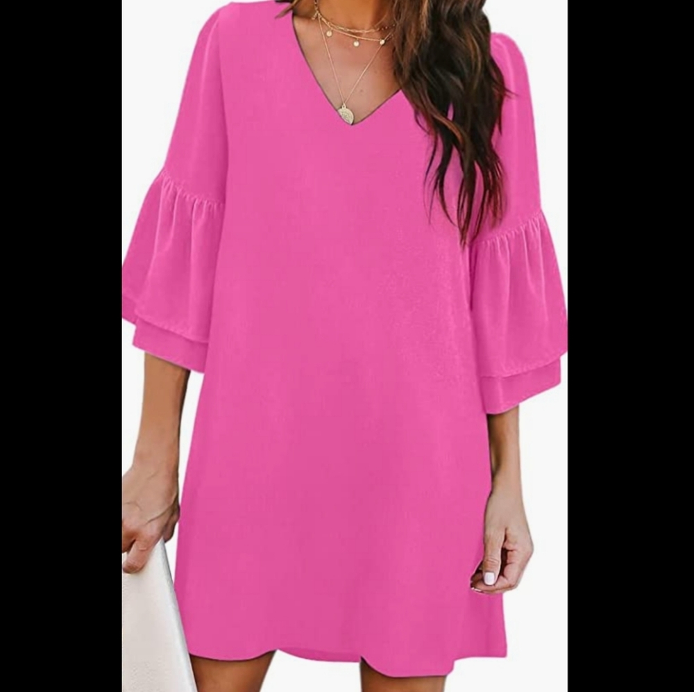 BELONGSCI Cute V-Neck Bell Sleeve Shift Mini Dress Mini